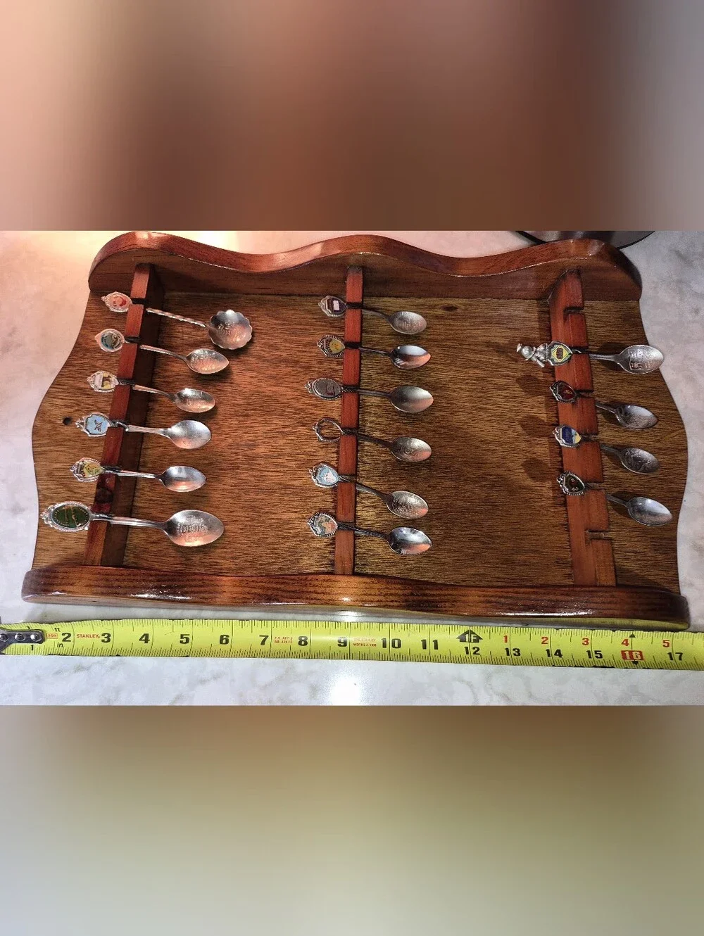 Vintage Wooden Souvenir Spoon Rack holds 18 Spoons, 16 Spoons Come W/Set